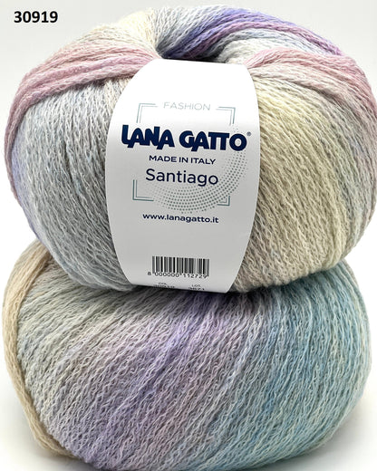 Two skeins of colorful yarn with a Lana Gatto label on a white background