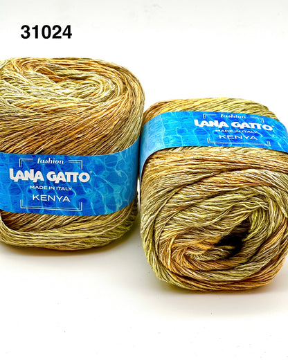 Two skeins of Lana Gatto yarn with blue labels on a white background