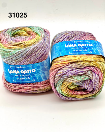 Two balls of colorful yarn with 'Lana Gatto' labels on a white background