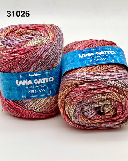 Two skeins of multicolored yarn with 'Lana Gatto' labels on a white background