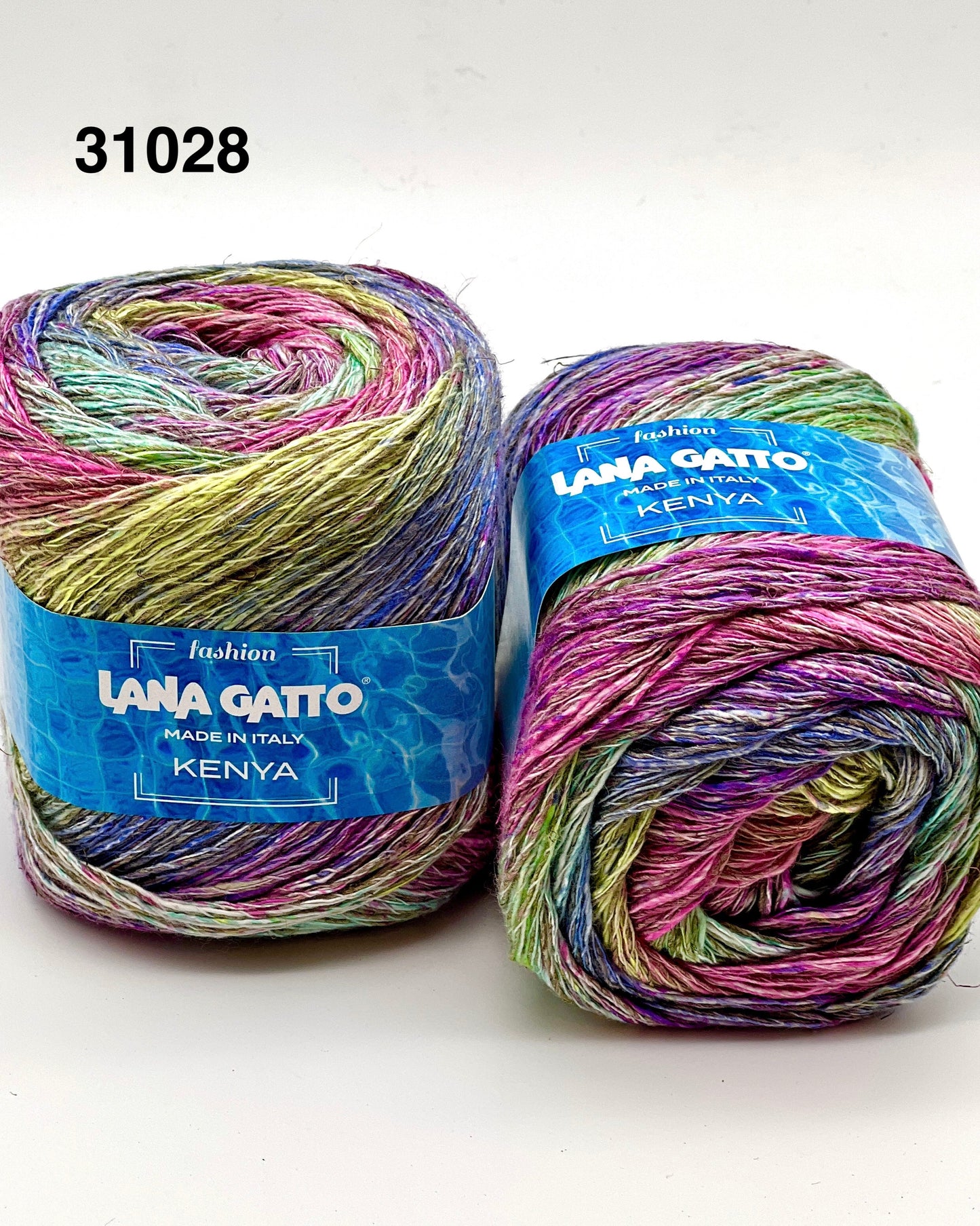 Two skeins of colorful yarn with 'Lana Gatto' labels on a white background