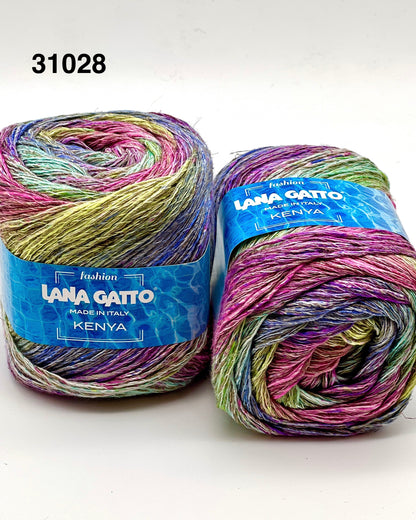 Two skeins of colorful yarn with 'Lana Gatto' labels on a white background