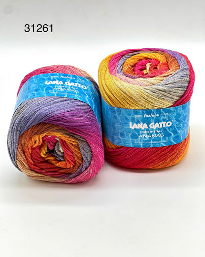 Exclusive iDOKNiT sport weight summer yarn, ANANAS by Lana Gatto Italy. A vibrant Fashion Collection 2026 blend of 75% cotton and 25% viscose, providing 290m per 100g ball. Authentic Italian-made luxury fiber curated by iDOKNiT for breathable, eco-friendly garments with a bold multicolour character and soft, fluid drape.