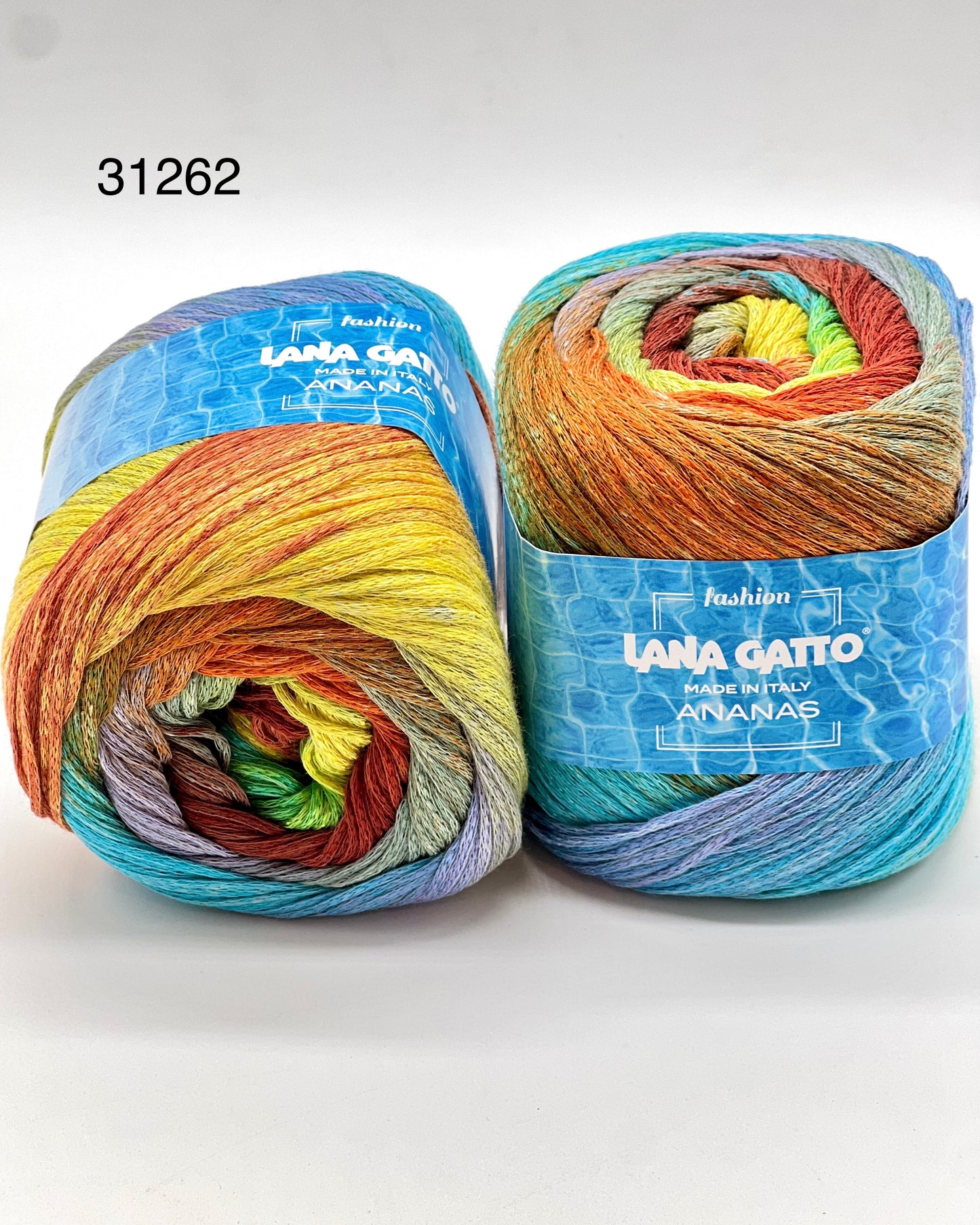 Exclusive iDOKNiT sport weight summer yarn, ANANAS by Lana Gatto Italy. A vibrant Fashion Collection 2026 blend of 75% cotton and 25% viscose, providing 290m per 100g ball. Authentic Italian-made luxury fiber curated by iDOKNiT for breathable, eco-friendly garments with a bold multicolour character and soft, fluid drape.