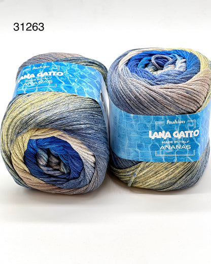 Exclusive iDOKNiT sport weight summer yarn, ANANAS by Lana Gatto Italy. A vibrant Fashion Collection 2026 blend of 75% cotton and 25% viscose, providing 290m per 100g ball. Authentic Italian-made luxury fiber curated by iDOKNiT for breathable, eco-friendly garments with a bold multicolour character and soft, fluid drape.