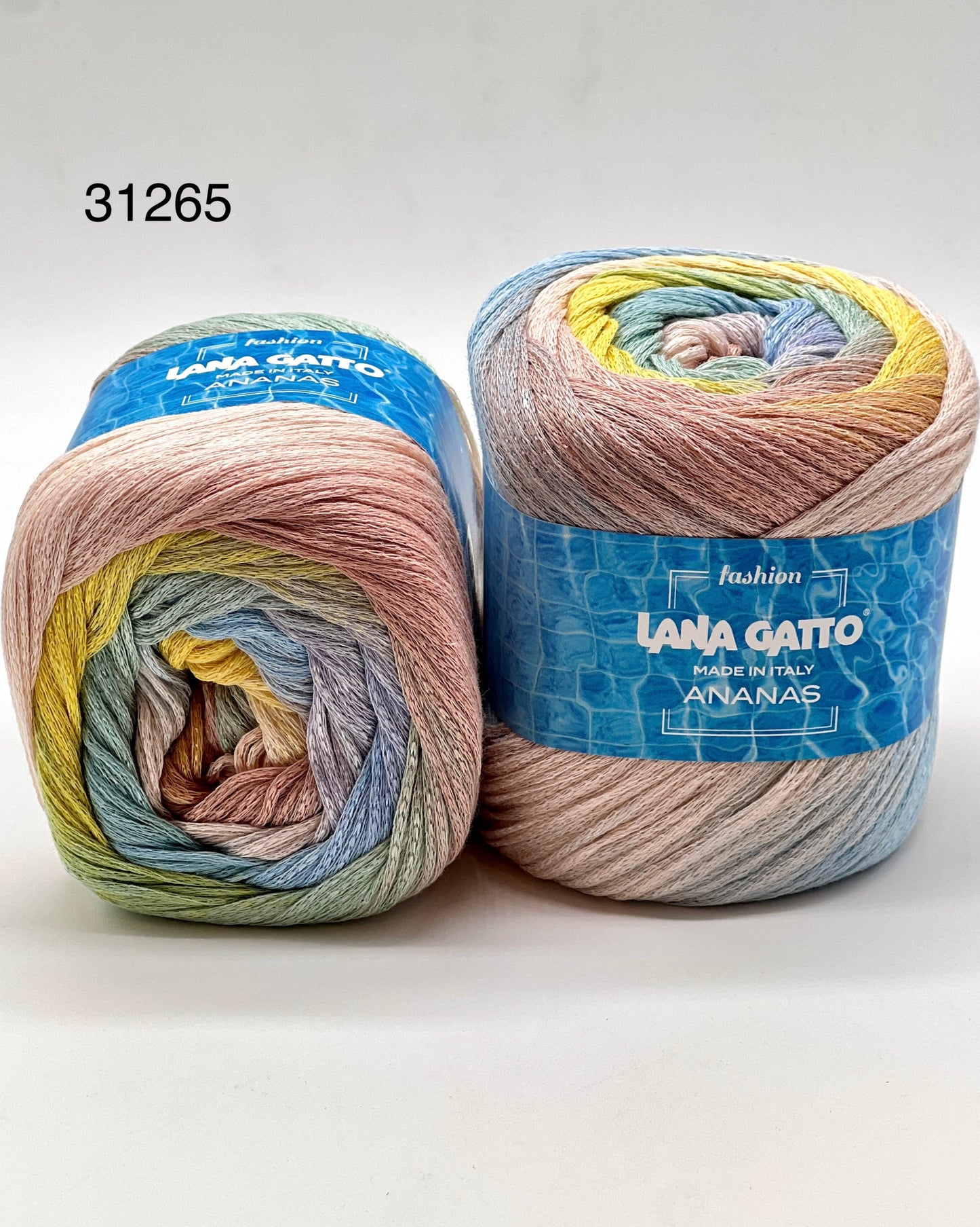 Exclusive iDOKNiT sport weight summer yarn, ANANAS by Lana Gatto Italy. A vibrant Fashion Collection 2026 blend of 75% cotton and 25% viscose, providing 290m per 100g ball. Authentic Italian-made luxury fiber curated by iDOKNiT for breathable, eco-friendly garments with a bold multicolour character and soft, fluid drape.