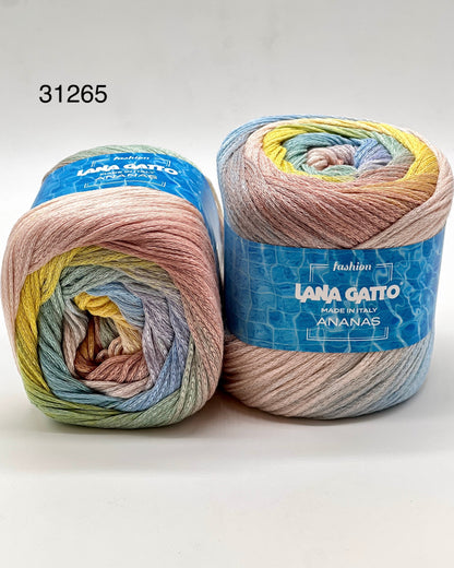 Exclusive iDOKNiT sport weight summer yarn, ANANAS by Lana Gatto Italy. A vibrant Fashion Collection 2026 blend of 75% cotton and 25% viscose, providing 290m per 100g ball. Authentic Italian-made luxury fiber curated by iDOKNiT for breathable, eco-friendly garments with a bold multicolour character and soft, fluid drape.