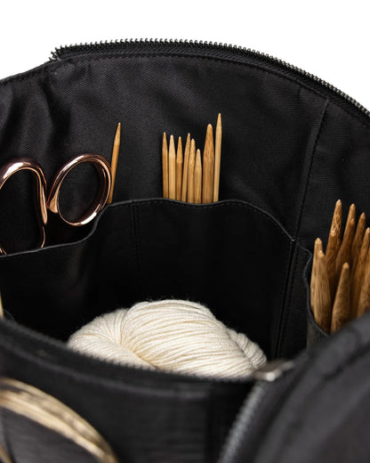 muud Saturn XL canvas project bag with genuine leather details and yarn feed holes from iDOKNiT