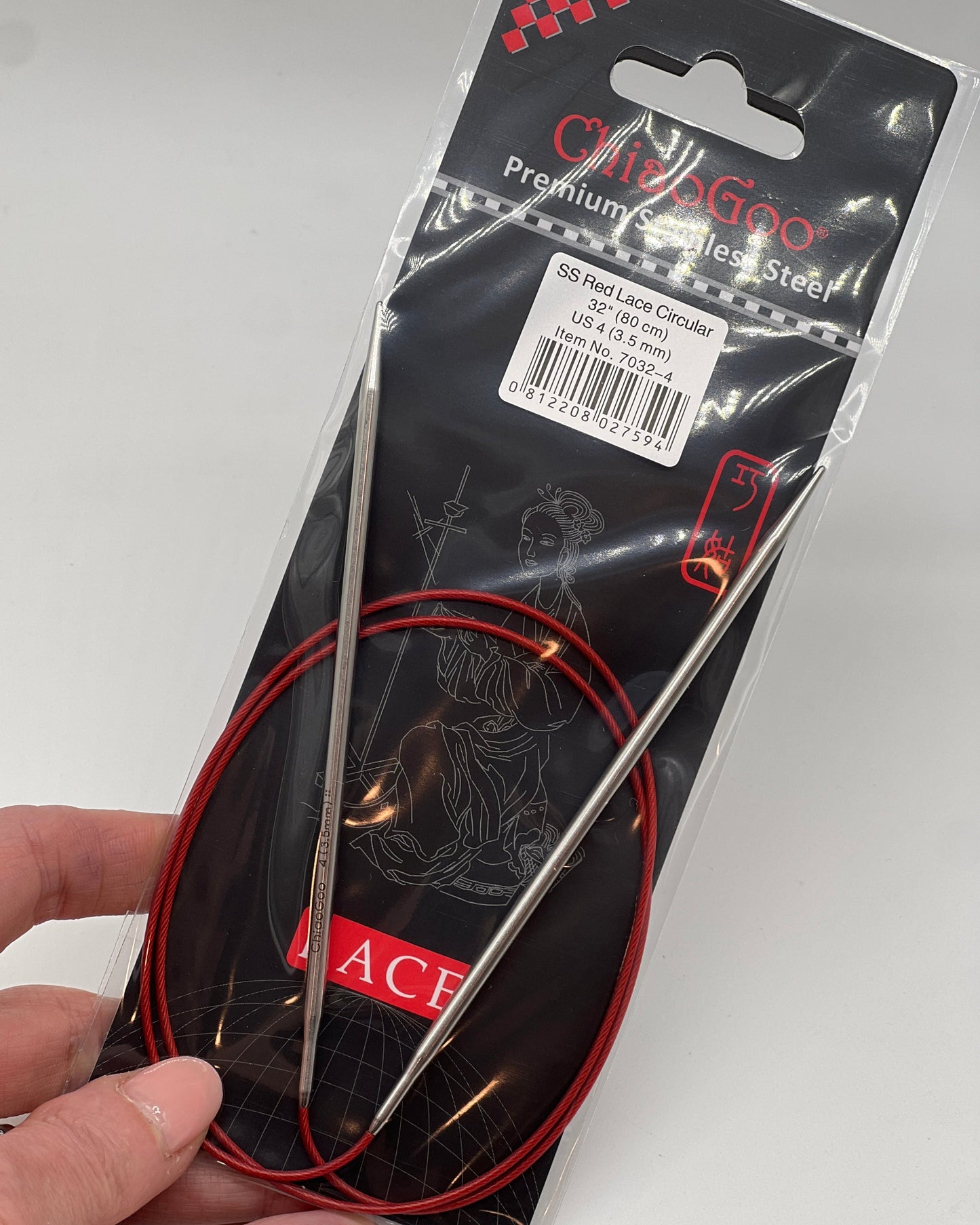 ChiaoGoo RED Lace fixed circular knitting needles featuring surgical stainless steel tips and signature red flexible cable for professional knitting at iDOKNiT.