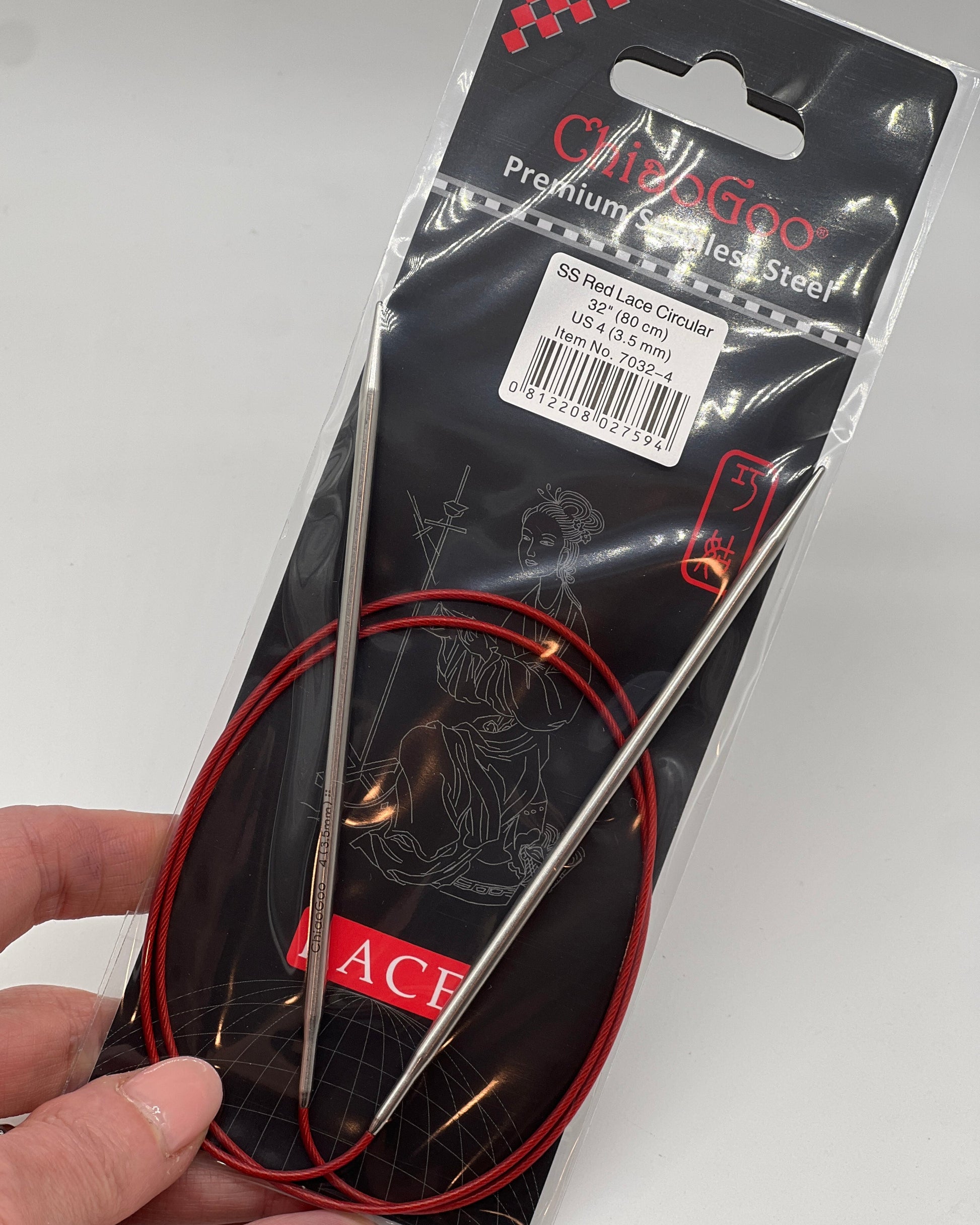 ChiaoGoo RED Lace fixed circular knitting needles featuring surgical stainless steel tips and signature red flexible cable for professional knitting at iDOKNiT.