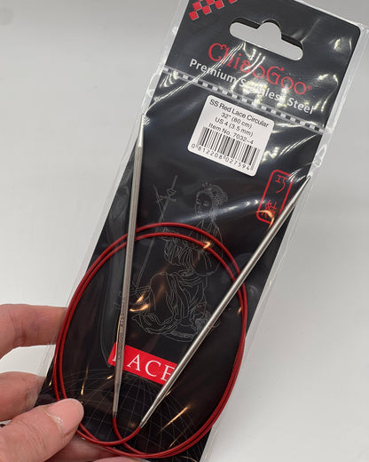 ChiaoGoo RED Lace fixed circular knitting needles featuring surgical stainless steel tips and signature red flexible cable for professional knitting at iDOKNiT.