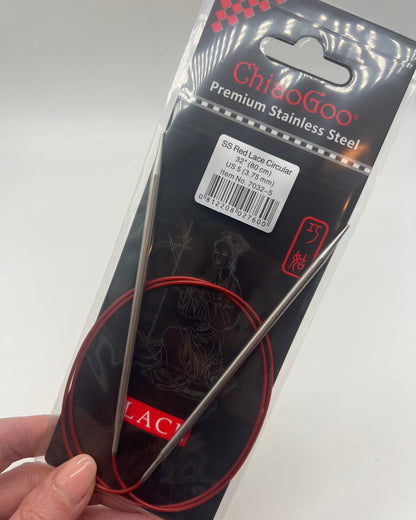 ChiaoGoo RED Lace fixed circular knitting needles featuring surgical stainless steel tips and signature red flexible cable for professional knitting at iDOKNiT.