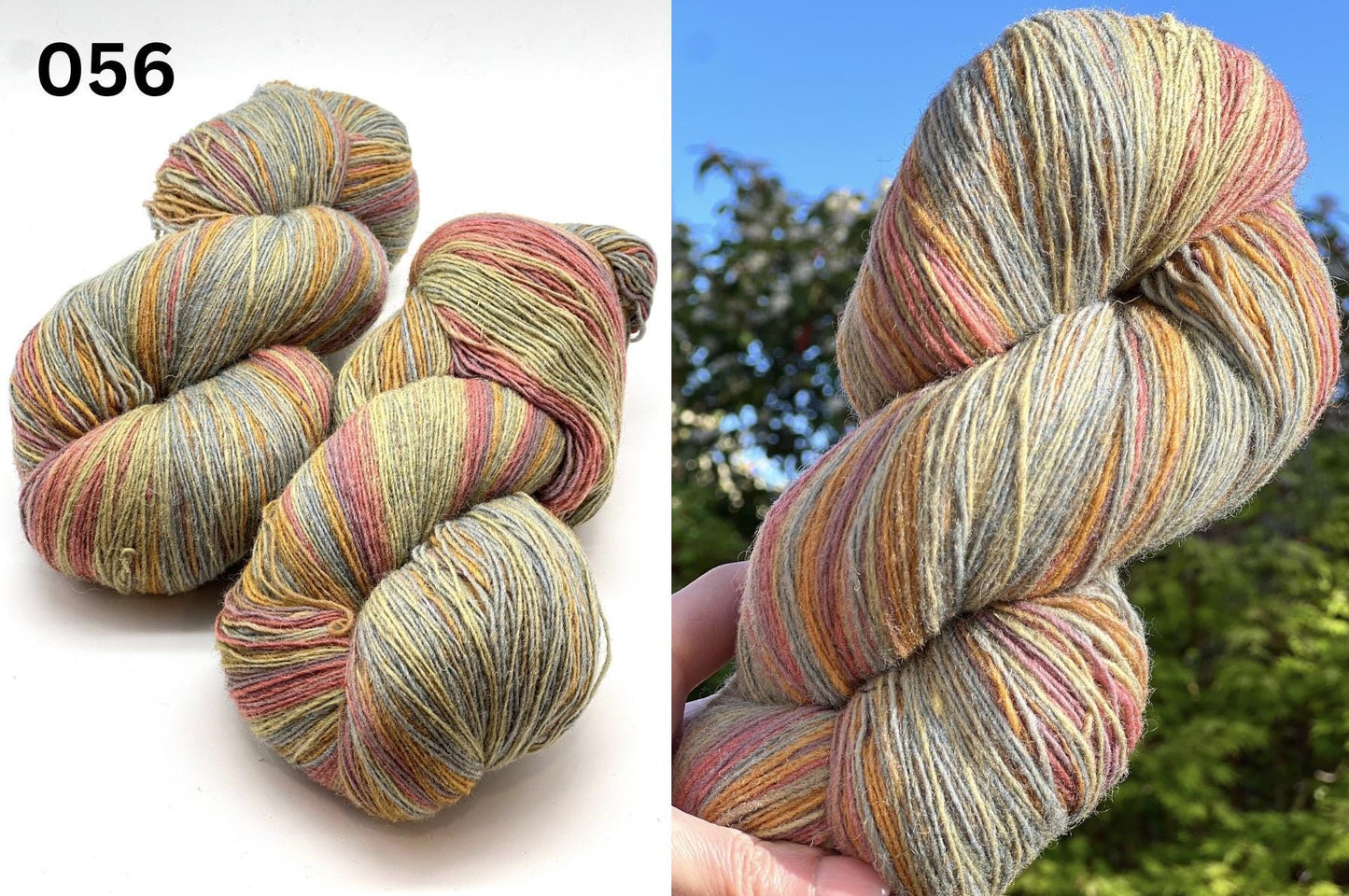 Small-batch dyed heritage skeins of 100% Latvian Dark-Headed Sheep Wool in earthy multicolor gradients like Green-Brown #052. The image shows the rustic single-ply texture and the sheep breed origin, representing the authentic wool traditions of Paces Vilnas Fabrika, Latvia. Available at iDOKNiT.com.