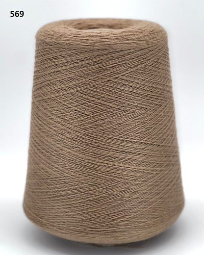 Loro Piana 100% Extra Fine Cashmere lace yarn (2/27 Nm) on a professional cone. Shown in classic neutral shades including Light Camel, Sand Melange, and Ivory. Made in Italy. Available at iDOKNiT.com.