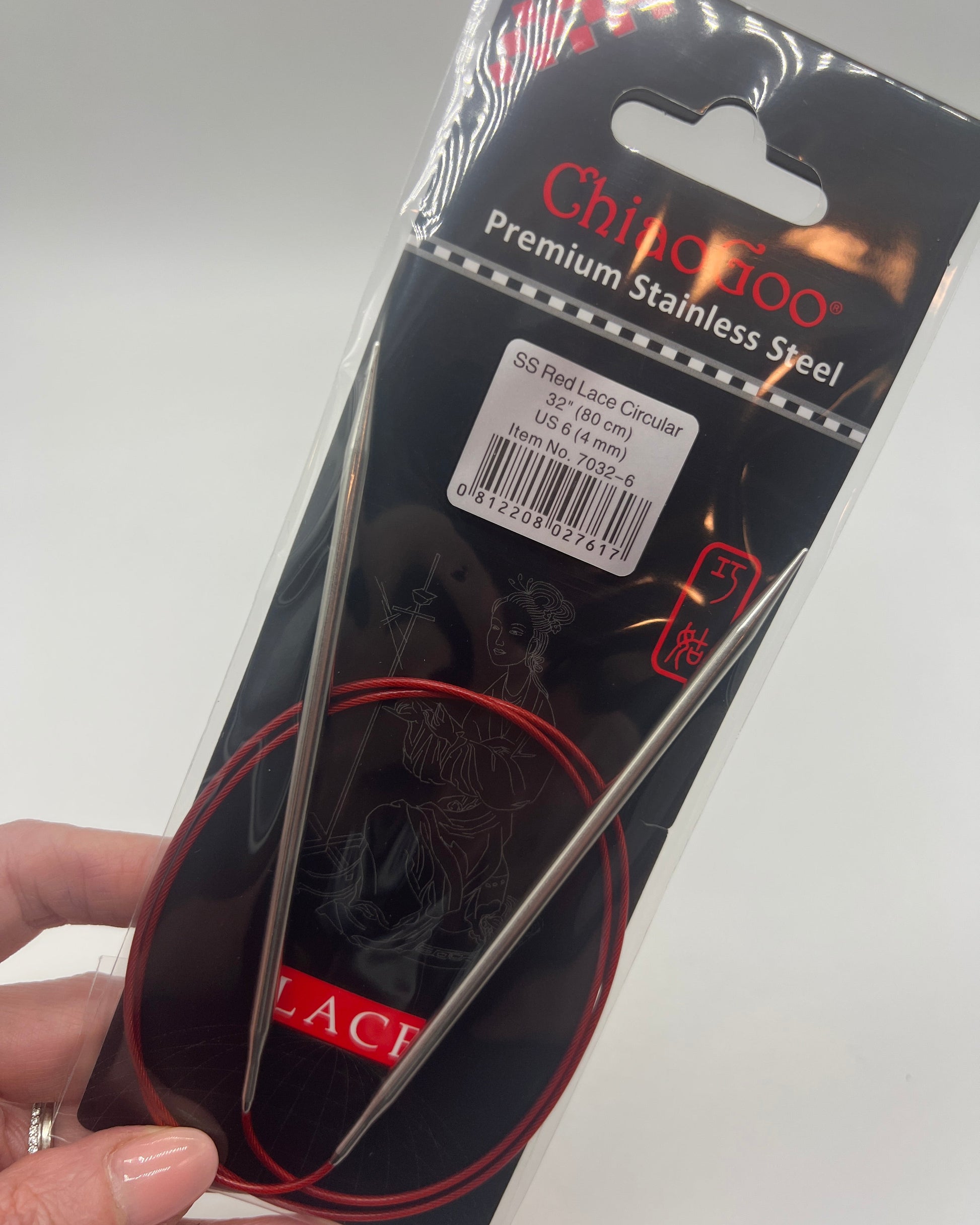 ChiaoGoo RED Lace fixed circular knitting needles featuring surgical stainless steel tips and signature red flexible cable for professional knitting at iDOKNiT.