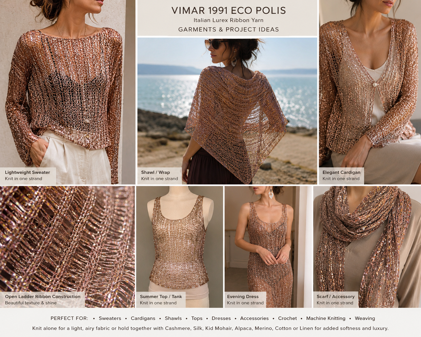 Vimar 1991 Eco Polis Italian open ladder lurex ribbon yarn in iridescent antique rose gold balls from iDOKNiT