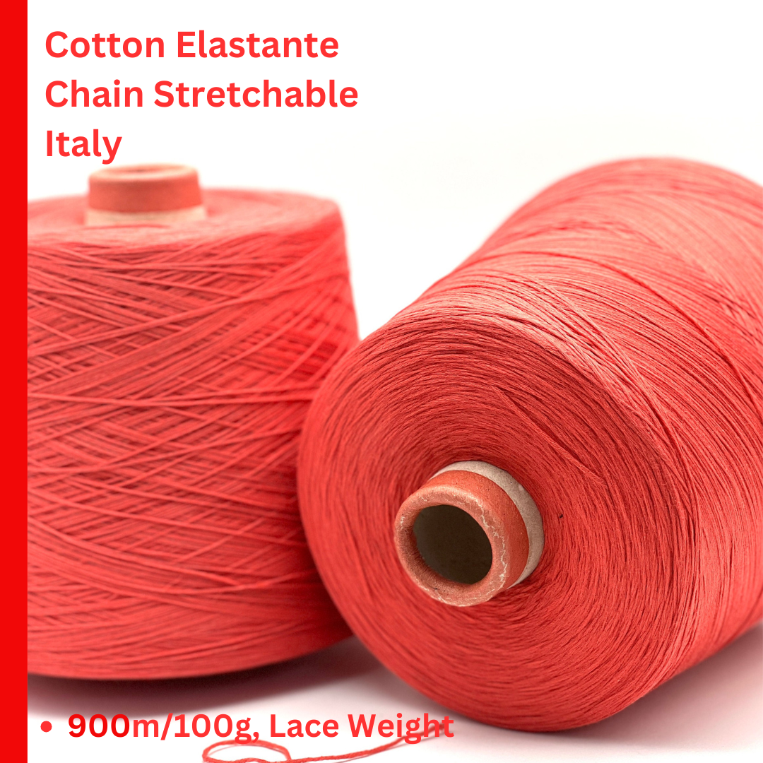PARK MICRO cotton elastane chain yarn coral Italy
Italian stretch cotton yarn 900m per 100g
LE TRICOT coral chain yarn for tops dresses and crochet
Stretch lace weight cotton yarn close up texture detail
Italian cotton elastane yarn for machine knitting and fashion knitwear