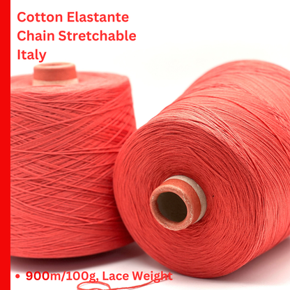 PARK MICRO cotton elastane chain yarn coral Italy
Italian stretch cotton yarn 900m per 100g
LE TRICOT coral chain yarn for tops dresses and crochet
Stretch lace weight cotton yarn close up texture detail
Italian cotton elastane yarn for machine knitting and fashion knitwear