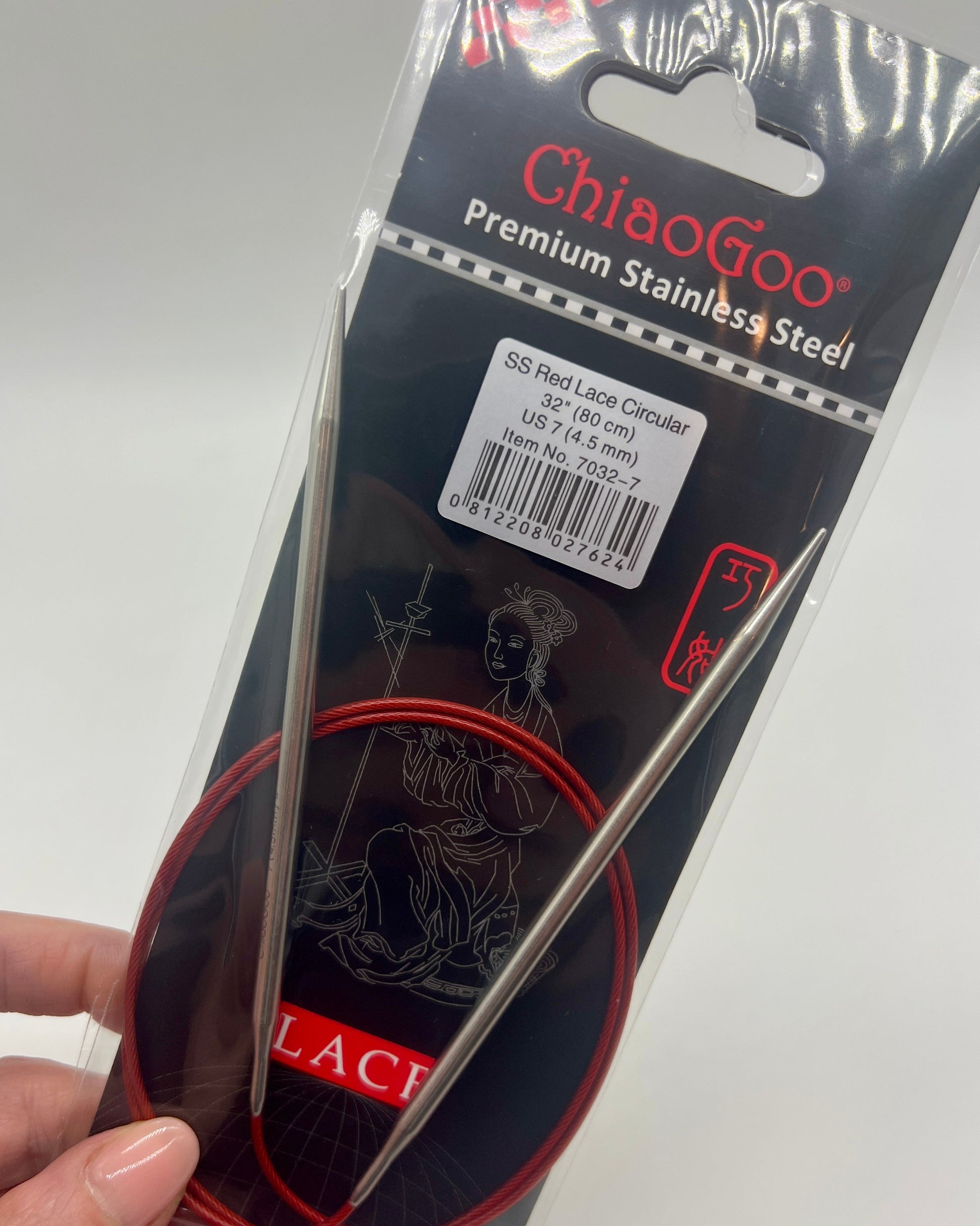 ChiaoGoo RED Lace fixed circular knitting needles featuring surgical stainless steel tips and signature red flexible cable for professional knitting at iDOKNiT.