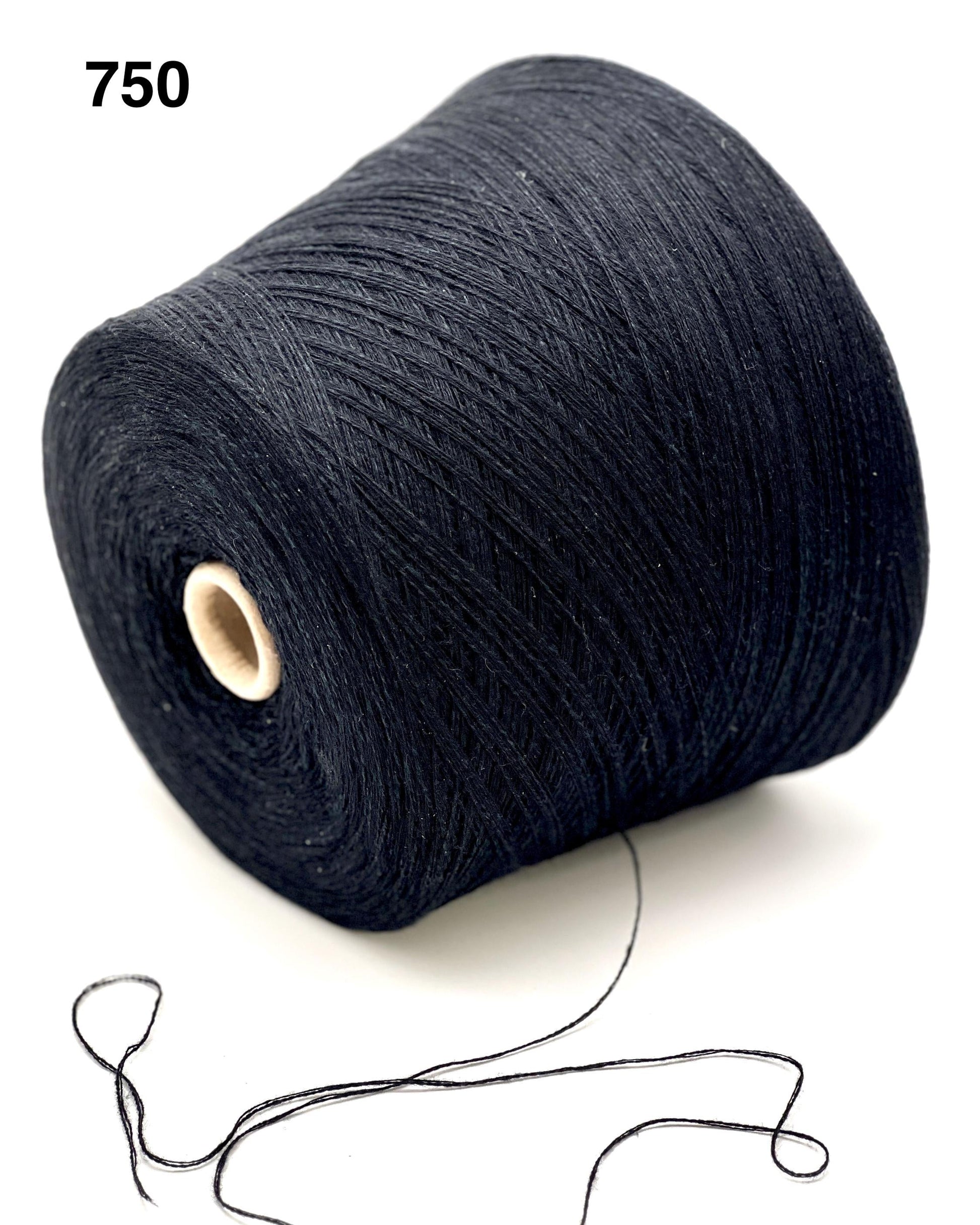 Large spool of black thread on a white background, color# 750