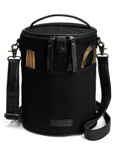 muud Saturn XL canvas project bag with genuine leather details and yarn feed holes from iDOKNiT