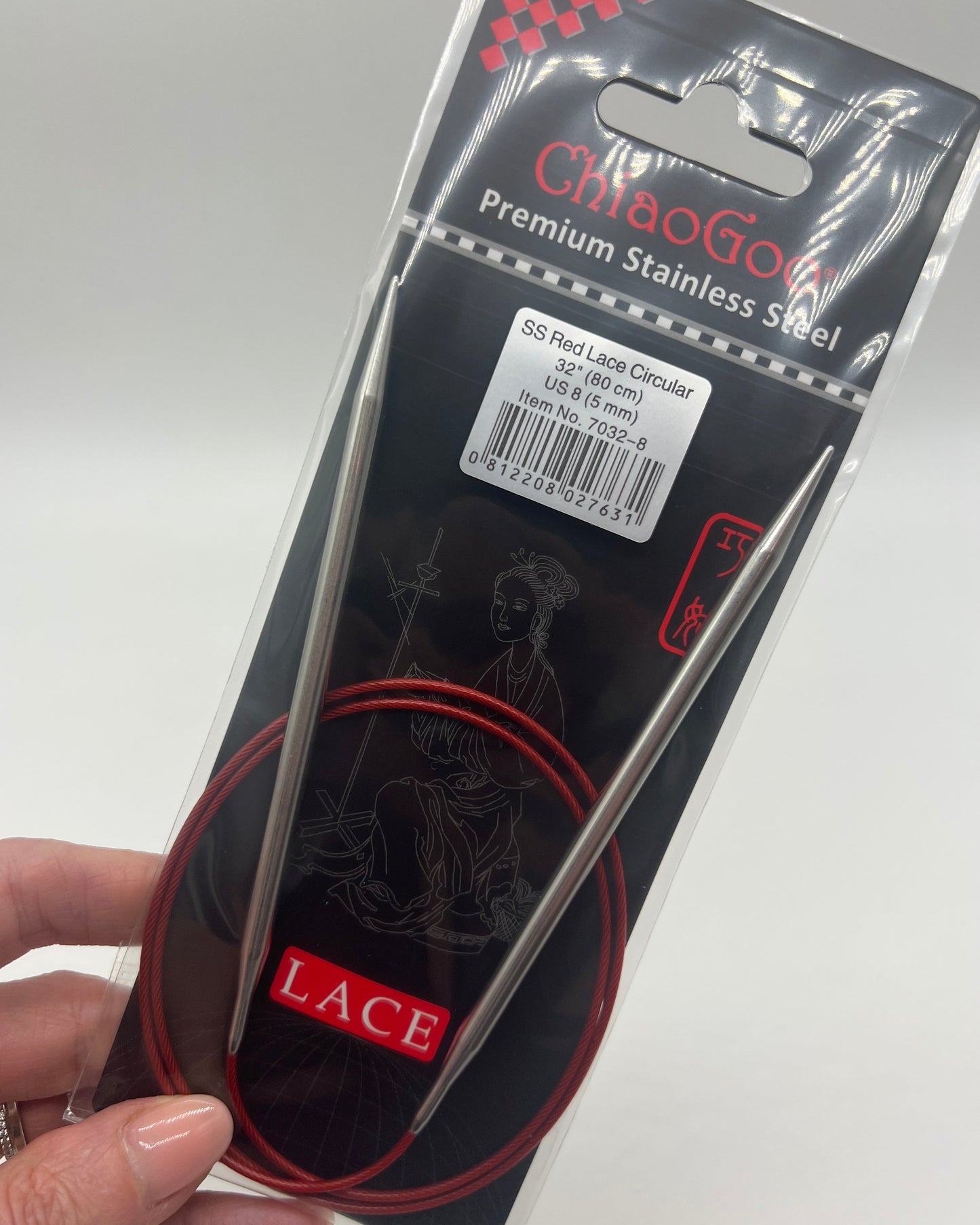 ChiaoGoo RED Lace fixed circular knitting needles featuring surgical stainless steel tips and signature red flexible cable for professional knitting at iDOKNiT.