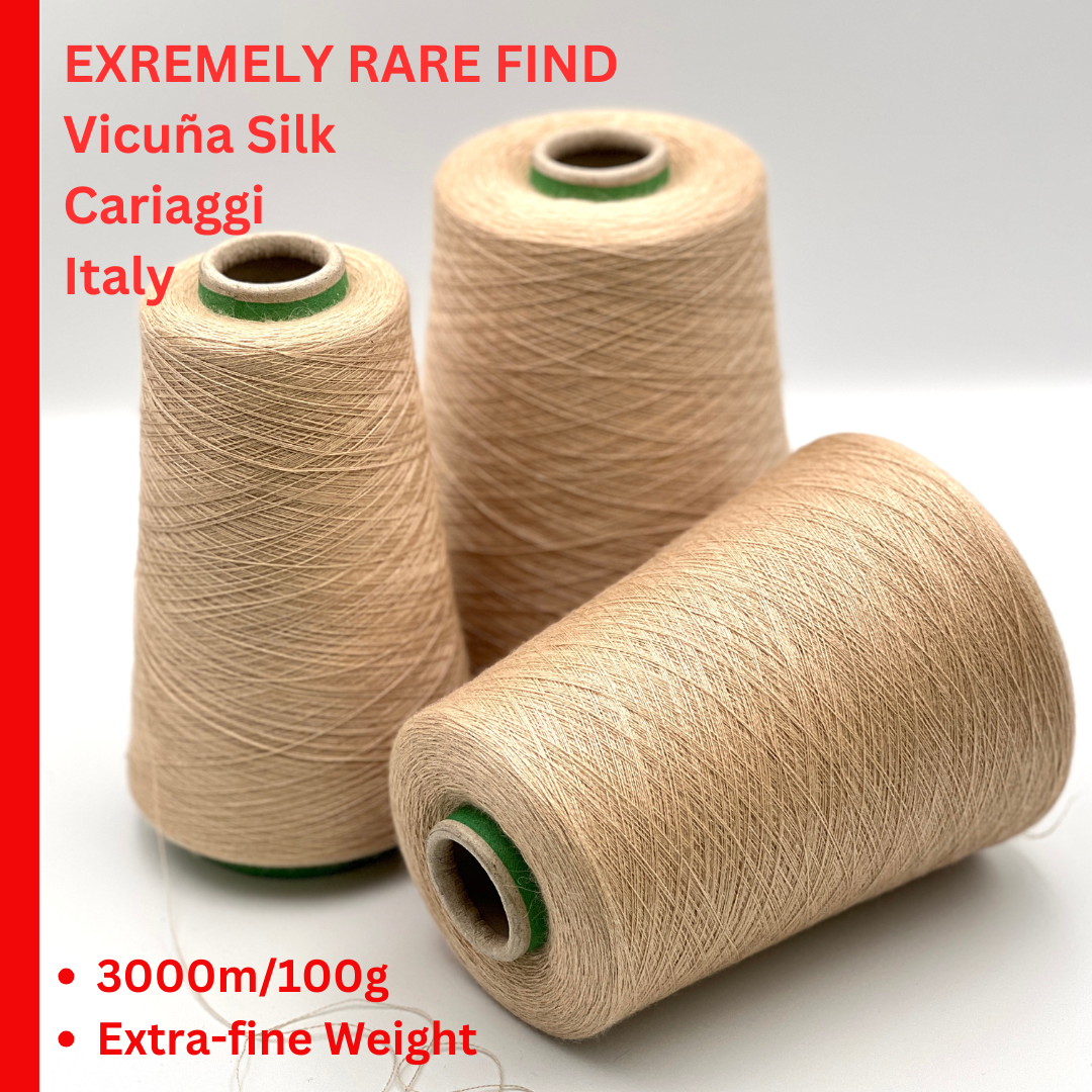 Rare vicuña silk yarn by Cariaggi on original luxury Italian cone
Cariaggi LAUREA 70 vicuña 30 silk couture lace yarn
Luxury Italian vicuña yarn close up showing ultra fine texture
Collector level vicuña silk yarn for weaving and couture knitting
Extremely rare Italian vicuña silk lace yarn on industrial cone