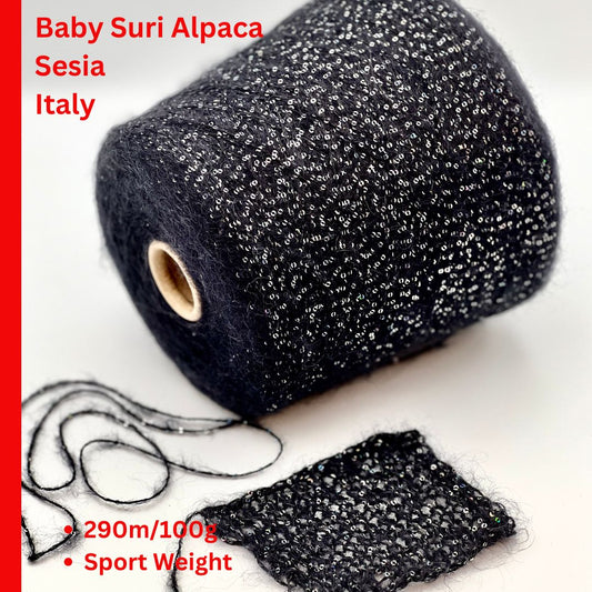 SESIA BOREALE Baby Suri Alpaca sequin yarn with holographic sparkle, luxury Italian halo yarn for sweaters, shawls, cardigans, and accessories.