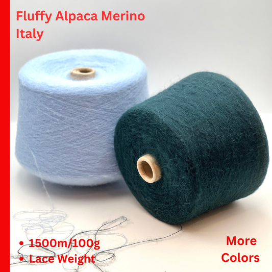 Luxury alpaca merino yarn SORIANO by Pecci Filati Italy
Soft fluffy Italian lace yarn with elegant alpaca halo
Pecci Filati SORIANO yarn close up showing airy texture
Luxury companion yarn for sweaters shawls and knitwear
Italian alpaca merino lace yarn for soft fluffy knitting
