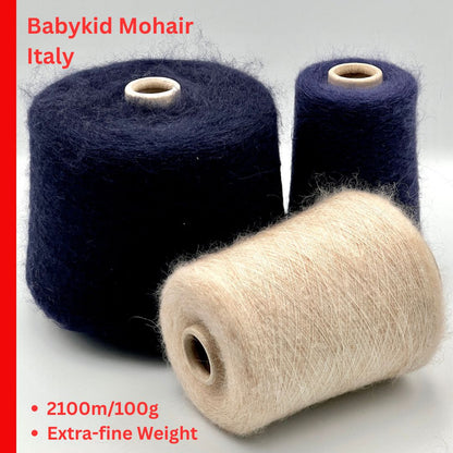 Exclusive iDOKNiT ultra fine lace weight yarn, PRESTIGE by Filati Be Mi Va Italy. A luxury cloud-like brushed mohair blend of 50% babykid mohair, 14% merino wool, and 36% polyamide providing 2100m per 100g. Authentic Italian-made premium fiber curated by iDOKNiT for multi-strand standalone knitting, high-end weaving, and carrying as a companion yarn to add a soft-focus designer halo.
