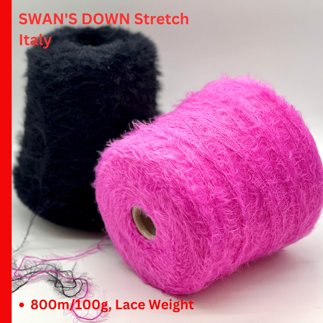 Luxury Italian fluffy stretch yarn with Swan’s Down texture
Soft stretchy lace yarn for ribbing socks and knitwear
Italian fluffy polyamide yarn close up showing airy texture
Stretchy Swan’s Down yarn for companion knitting projects
Lightweight fluffy Italian lace yarn for modern knitwear