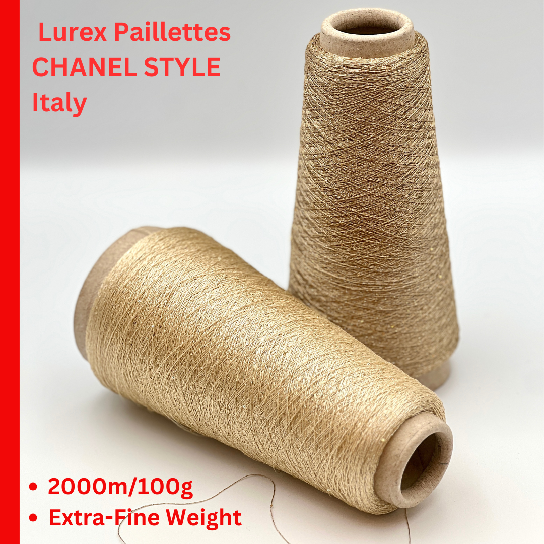 Luxury Italian paillettes lurex yarn by VIMAR 1991
Chanel-style fashion yarn with viscose and paillettes
Extra-fine Italian companion yarn with elegant sparkle
Luxury couture yarn for weaving and knitwear
Soft viscose paillettes yarn on original cone