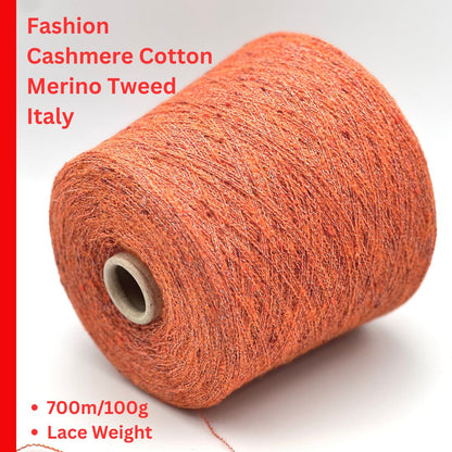 Exclusive iDOKNiT extra fine lace weight yarn, TORRONCINO by Pecci Filati Italy. A luxury fashion tweed yarn blend of 10% cashmere, 48% cotton, 20% merino wool, and 22% polyamide providing 700m per 100g. Authentic Italian-made premium fiber curated by iDOKNiT for lightweight standalone knitting, fine gauge machine knitting, and carrying with companion bases.