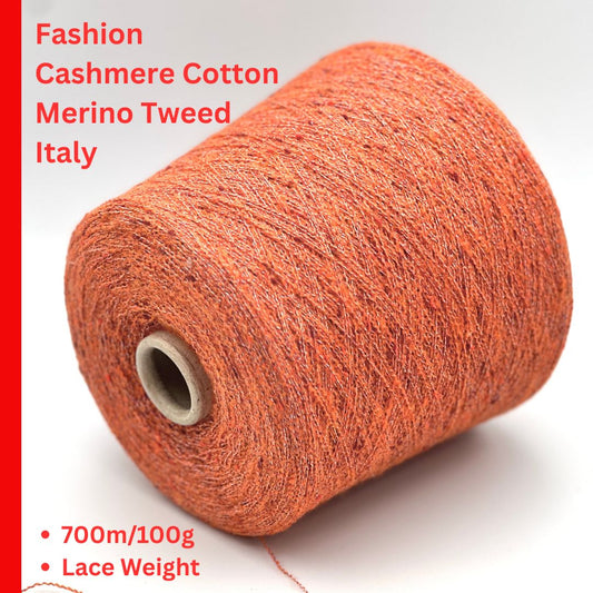 Exclusive iDOKNiT extra fine lace weight yarn, TORRONCINO by Pecci Filati Italy. A luxury fashion tweed yarn blend of 10% cashmere, 48% cotton, 20% merino wool, and 22% polyamide providing 700m per 100g. Authentic Italian-made premium fiber curated by iDOKNiT for lightweight standalone knitting, fine gauge machine knitting, and carrying with companion bases.