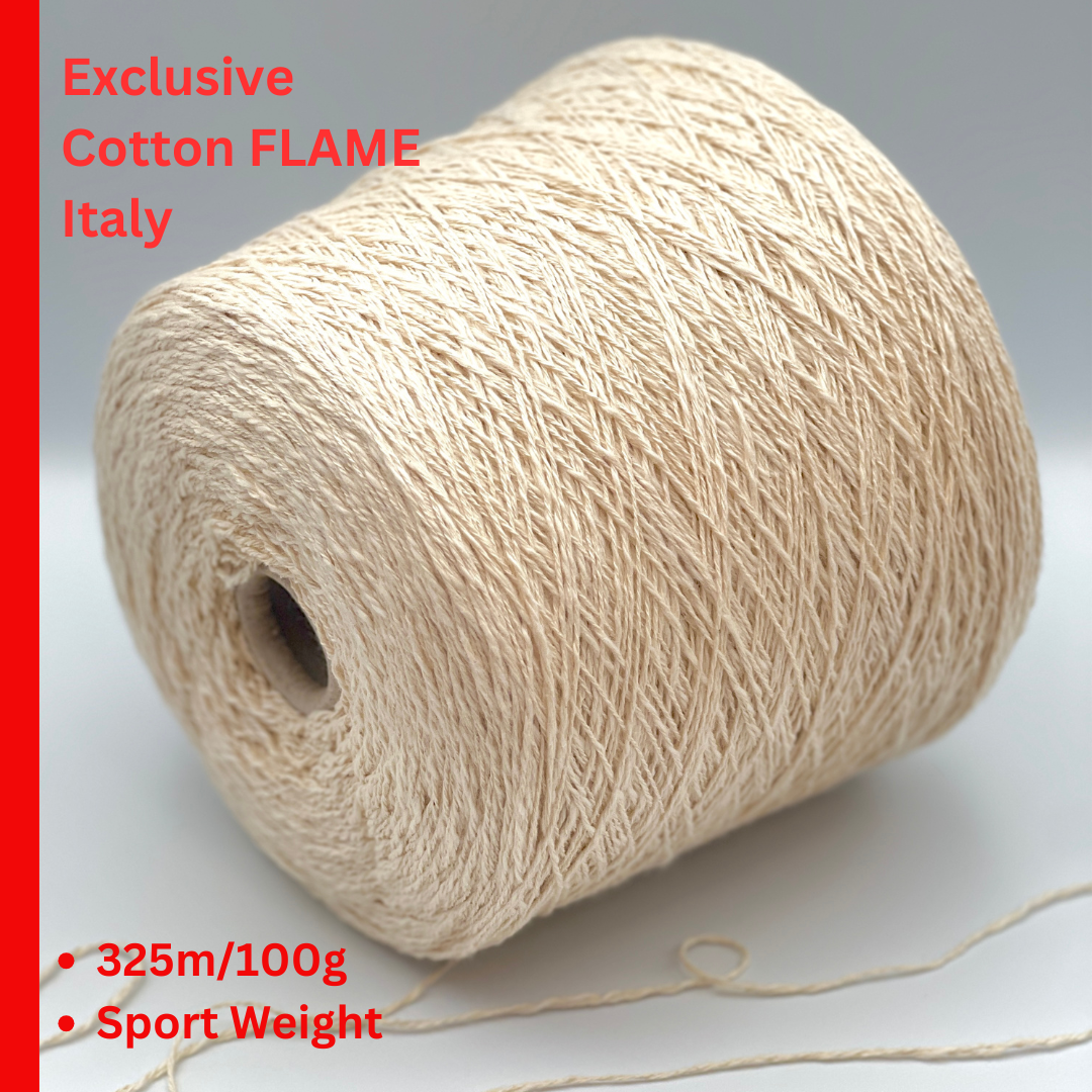 Cone of COTTON FLAME Italian flammé cotton yarn in natural cream color, premium sport weight cotton yarn for sweaters, cardigans, tops, and summer knitwear.