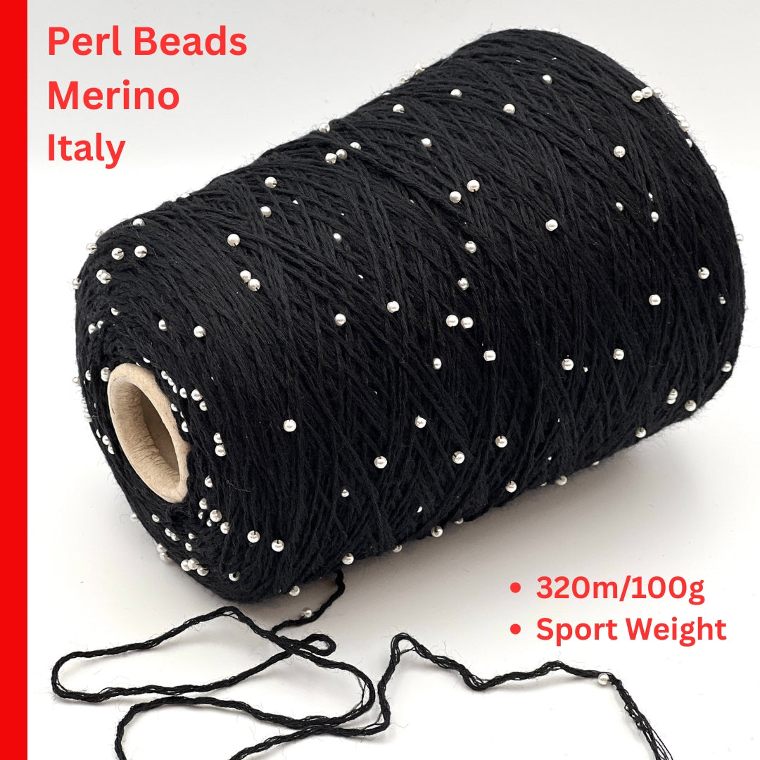 G&G Filati BON-BON luxury 100% merino wool single ply sport weight yarn integrated with generously spaced perline pearl beads on original industrial cones for Brunello Cucinelli inspired knitwear at iDOKNiT.