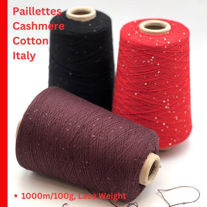 G&G Filati CASH-COTON luxury 85% cotton 15% cashmere lace weight yarn featuring integrated, delicately spaced 2mm paillette sequins wound for high-end boutique knitwear.