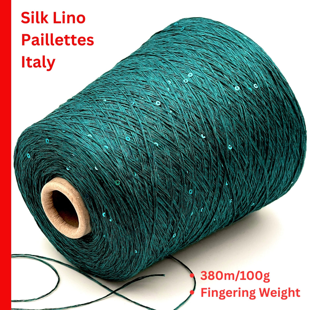G&G FILATI SILK LINEN Italian 70 percent linen 30 percent silk fingering weight yarn with integrated 3mm paillettes on cone for knitting crochet weaving and machine knitting