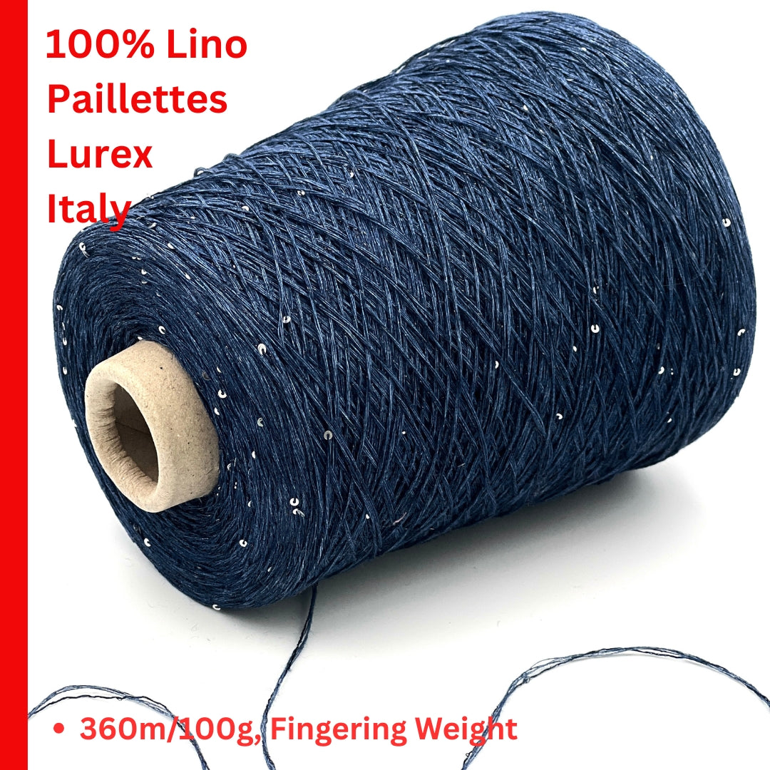 GG FILATI LINO 360 Italian 100 percent linen fingering weight yarn with integrated 1 to 2mm silver paillettes and midnight blue lurex on cone from iDOKNiT