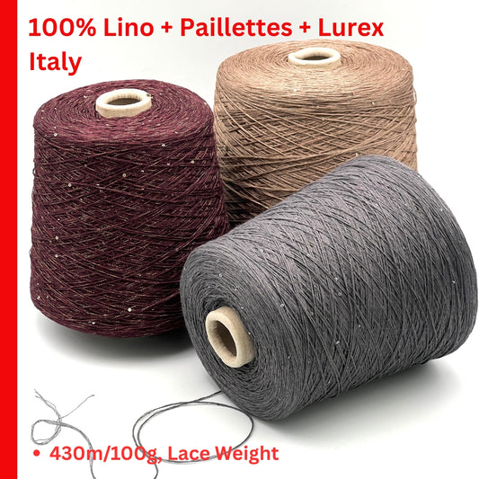 GG FILATI LINO 430 Italian 100 percent flax linen fingering weight yarn with integrated 2mm sequins and metallic lurex on cone from iDOKNiT