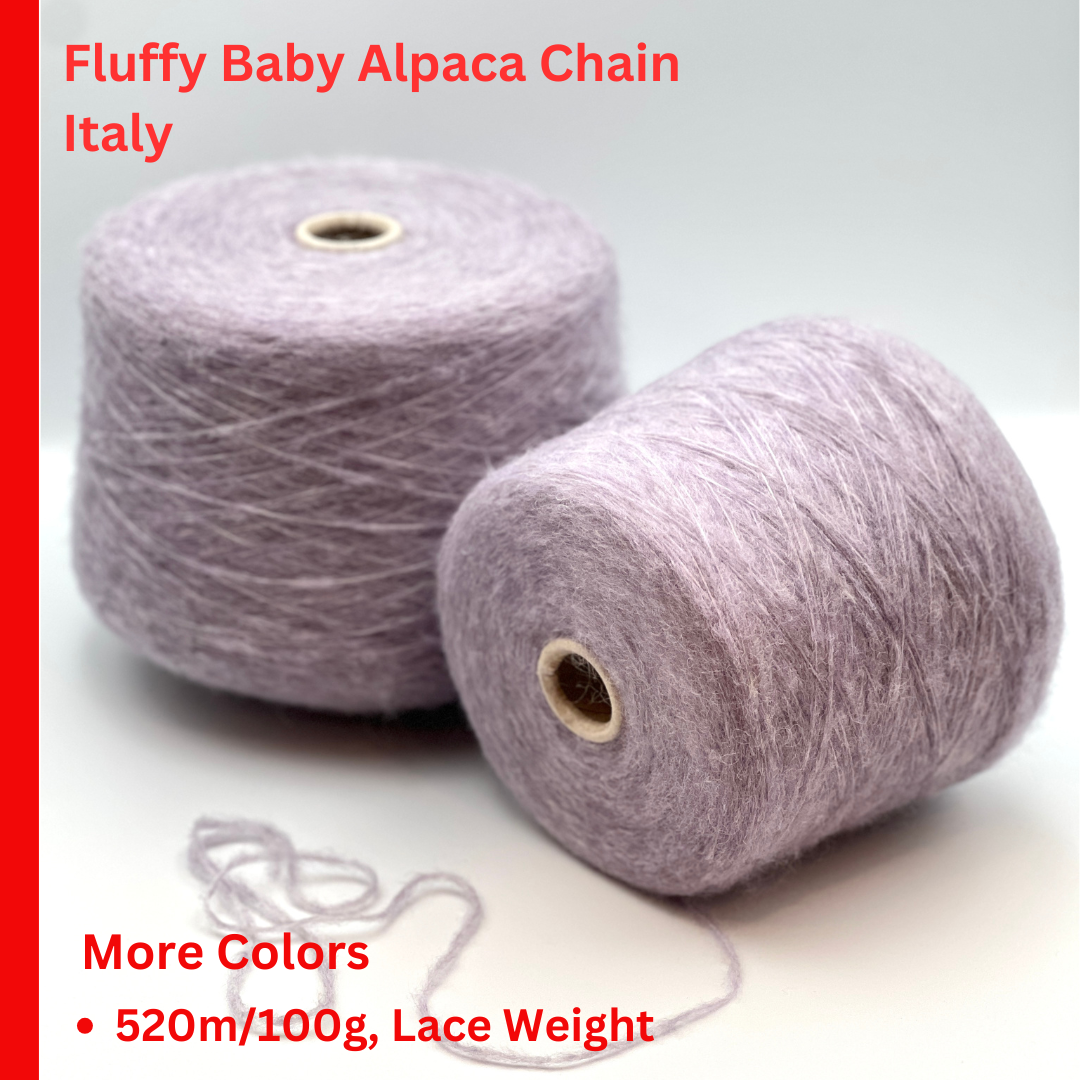 Luxury Italian baby alpaca merino yarn GHOST close up texture
Lineapiu Italia GHOST fluffy cable yarn for sweaters and shawls
Soft airy lace weight alpaca merino yarn made in Italy
Lightweight fluffy yarn for cardigans and modern knitwear
Italian cable yarn with baby alpaca softness and warm halo