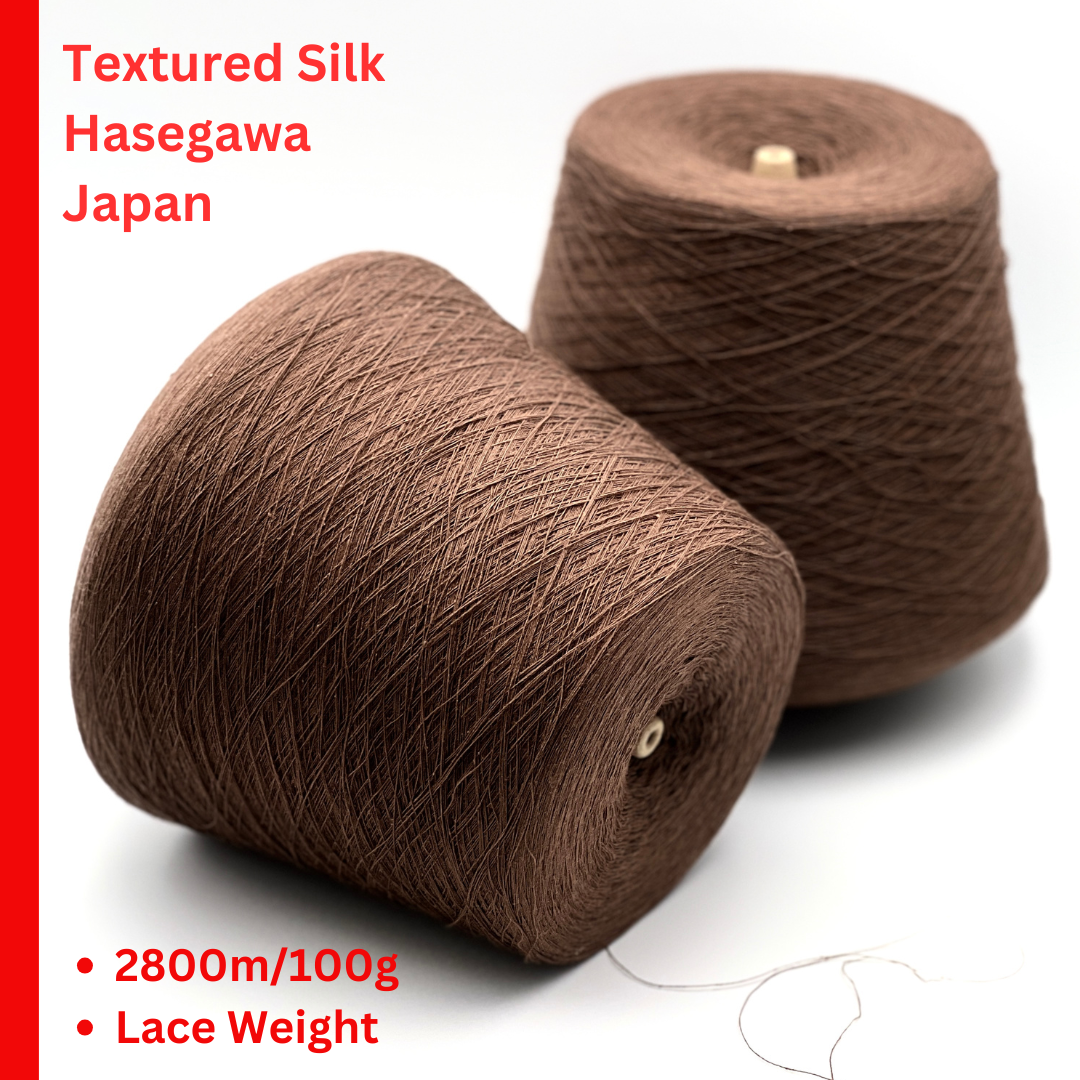 Rare Japanese matte silk yarn Hasegawa PREMIER on cone
Luxury Hasegawa spun silk yarn with matte artisan texture
Japanese textured silk yarn in mocha color close up
Rare Japanese silk yarn for weaving and couture knitting
Luxury matte silk companion yarn with organic texture