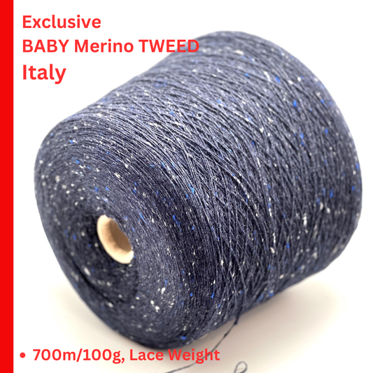 Italian baby merino tweed yarn dark blue with light flecks
Luxury lace weight merino tweed yarn 700m per 100g
soft Italian tweed yarn for sweaters shawls and layering garments
baby merino wool tweed cone yarn close up texture
dark blue heritage style tweed knitting yarn Italy