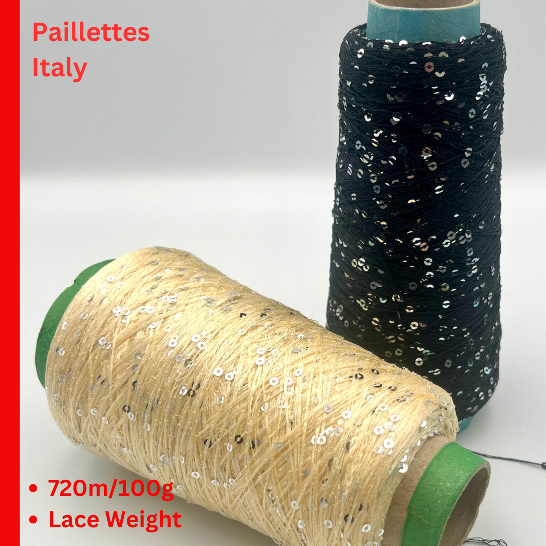 Luxury Italian paillettes yarn ESTRELLA by ECAFIL
Soft chainette sequin yarn on original cone
Italian fashion paillettes yarn for luxury knitwear
Designer companion yarn with integrated paillettes
Luxury Italian cone yarn with silver and green paillettes