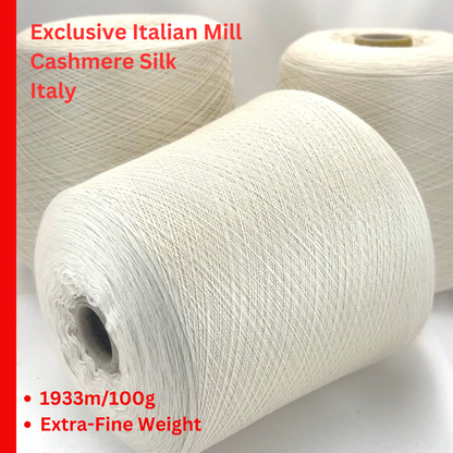 Luxury cashmere silk yarn CASH SETA from an exclusive Italian mill
Fine lace-weight cashmere silk yarn in off-white color
Italian cashmere silk cone yarn with exceptional meterage
Luxury knitting yarn for shawls, sweaters, and weaving
Cashmere silk lace yarn with elegant drape and softness