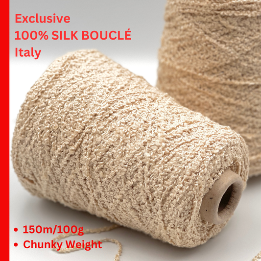 Rare 100% Silk Bouclé Yarn BOUCLE FLAME from Exclusive Italian Mill
Luxury Italian Silk Bouclé Yarn with Couture Texture
Chunky Weight Silk Fashion Yarn for Designer Knitwear
BOUCLE FLAME Silk Bouclé Yarn for Cardigans, Jackets, and Dresses
Luxury Silk Bouclé Yarn with Beautiful Drape After Washing