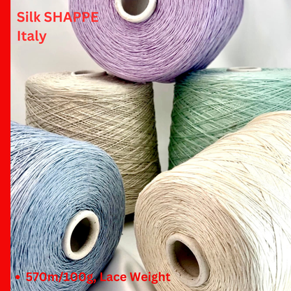 Luxury Italian silk shappe yarn Ri.Go SETA SHAPPE close up texture
100 percent silk lace yarn for shawls scarves and weaving
Italian silk yarn with soft luminous finish and elegant drape
Ri.Go SETA SHAPPE lace weight silk yarn for crochet and knitwear
Silk shappe yarn made in Italy for refined luxury garments