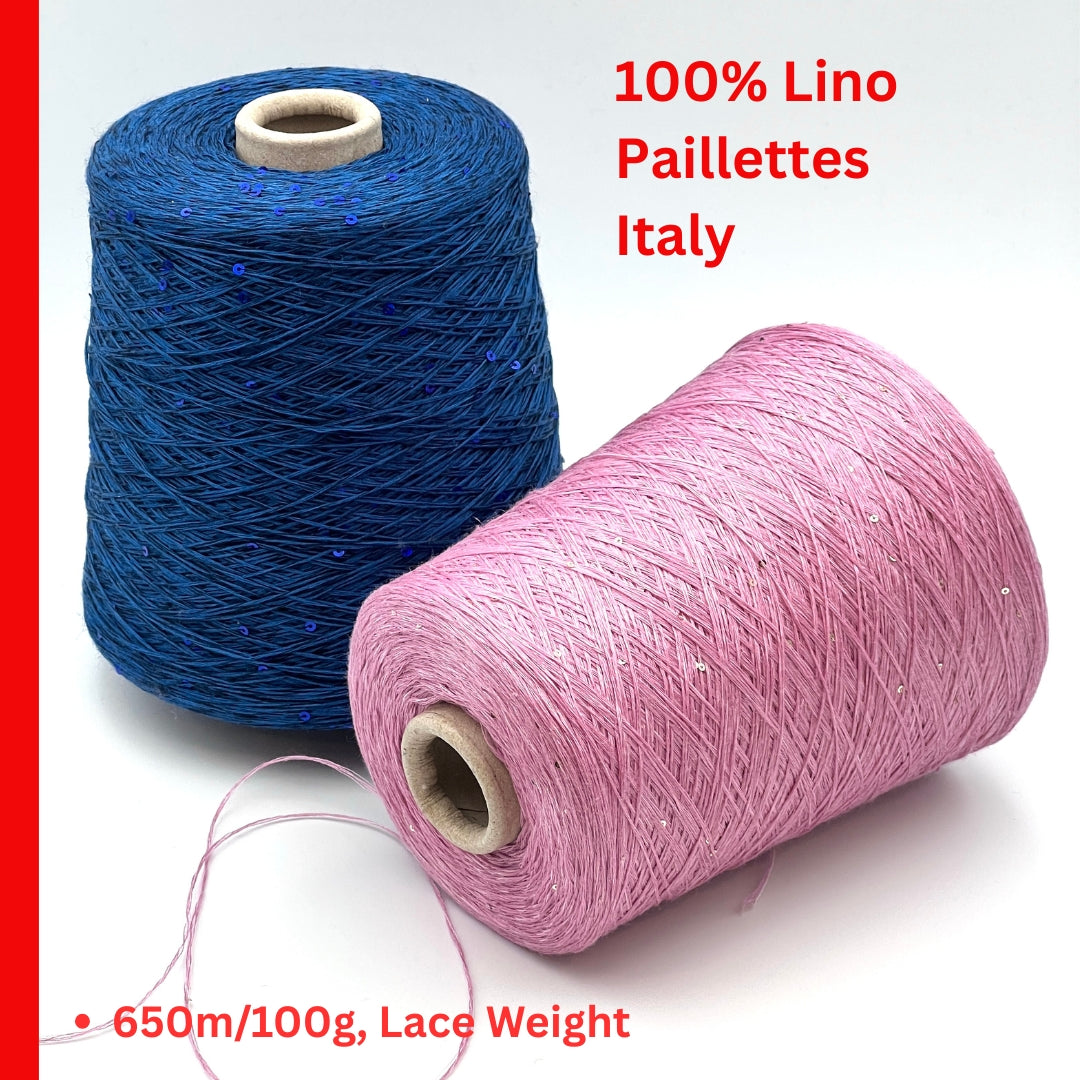 G&G FILATI LINO 6500 Italian 100% linen lace weight yarn with integrated 2 mm paillettes on cone for knitting, crochet, weaving, and machine knitting  