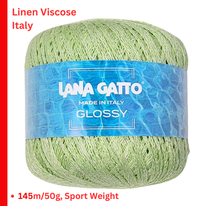 Lana Gatto GLOSSY linen viscose chain yarn Italian summer yarn
Luxury linen viscose yarn for breathable summer knitwear
Close up of GLOSSY chainette yarn showing airy texture and sheen
Italian flax viscose yarn for elegant lightweight garments
Soft summer chain yarn for tops shawls and modern knitwear