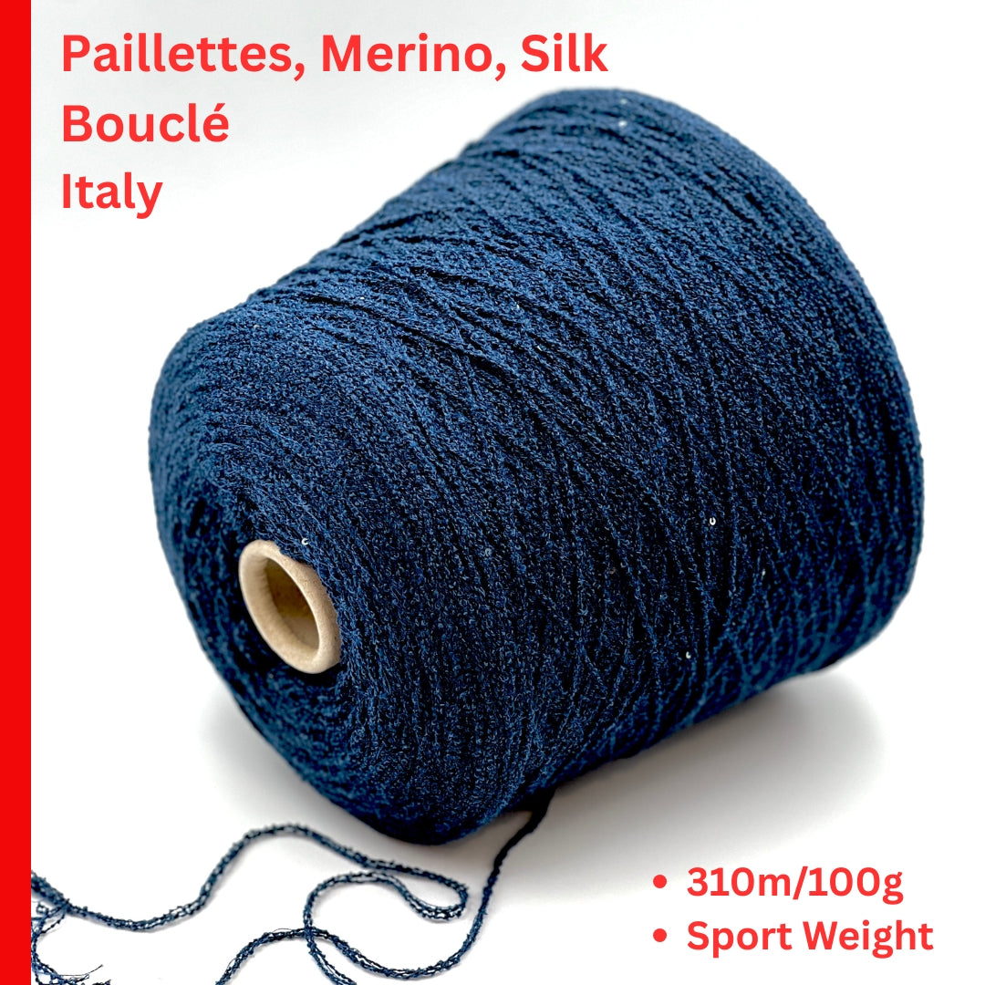 G&G Filati FRIZZ luxury 50% merino wool and 50% silk blend Italian sport weight fantasy boucle yarn in Midnight Blue with integrated 2mm transparent paillettes sequins for runway-ready fashion knitwear at iDOKNiT.